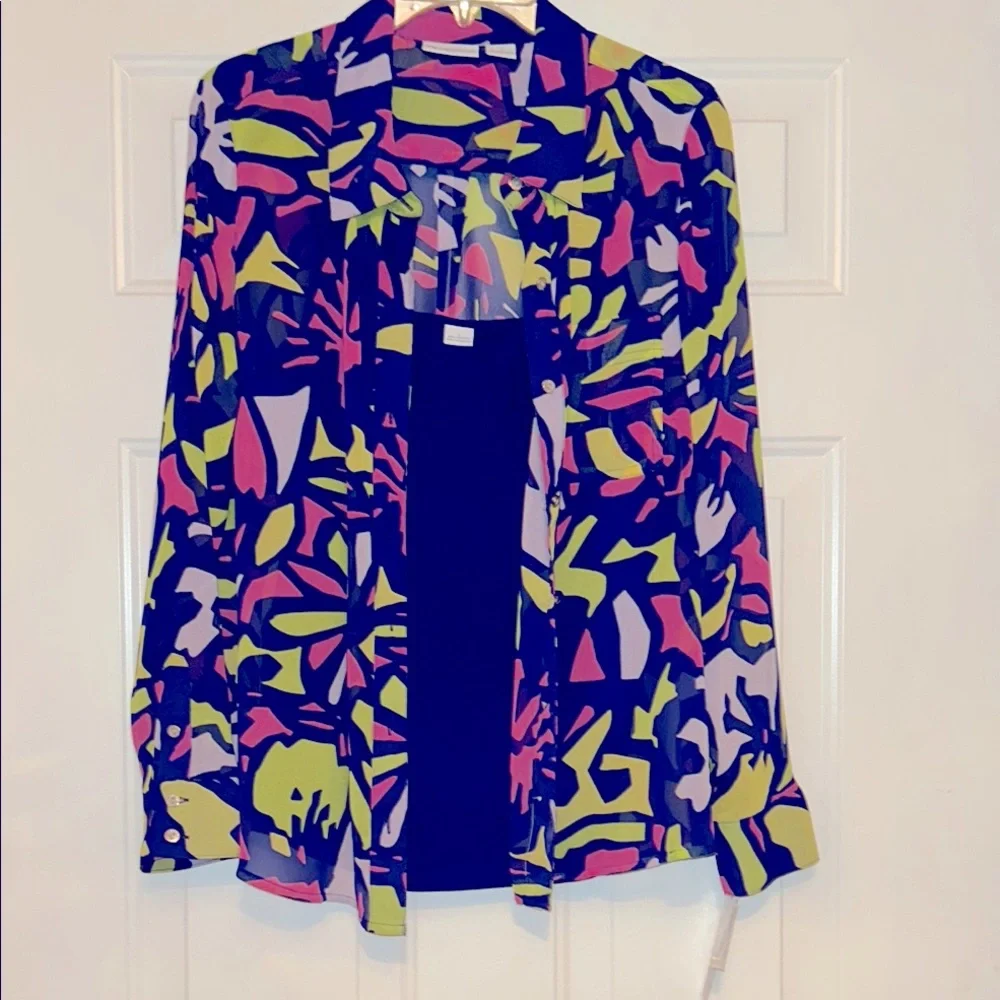 Liz Claiborne Button Up Sheer Abstract Cami Set L NWT Colorful Artsy Neon Bold